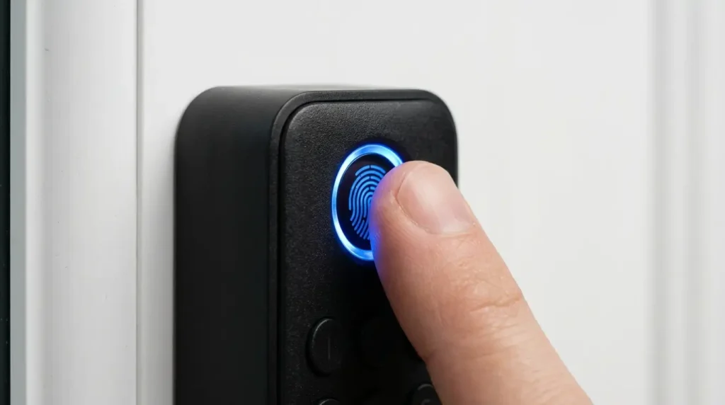 SwitchBot Smart Lock Ultra Review UK — fingerprint sensor glowing blue on Keypad Vision, finger pressing sensor, macro close-up shot
