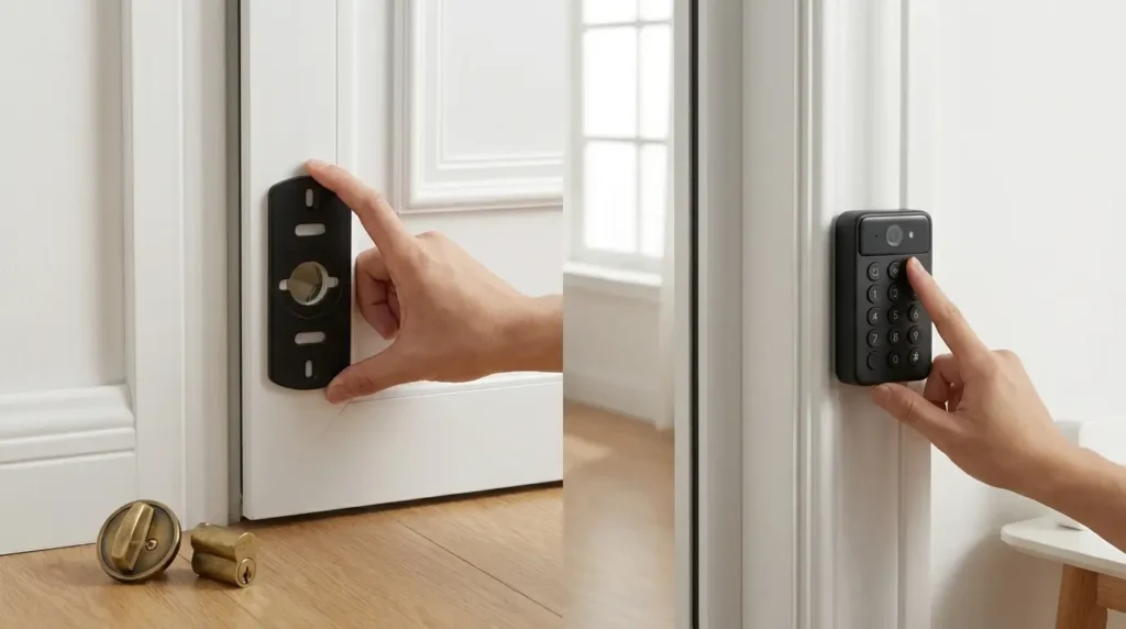 SwitchBot Smart Lock Ultra Review UK — installation process, attaching mounting plate and Keypad Vision, no drilling required, old thumb turn removed