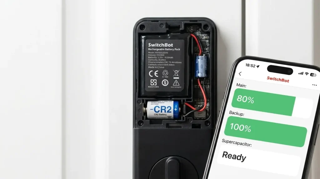 SwitchBot Smart Lock Ultra Review UK — triple power protection, main battery and backup battery visible with supercapacitor, app showing battery status indicators