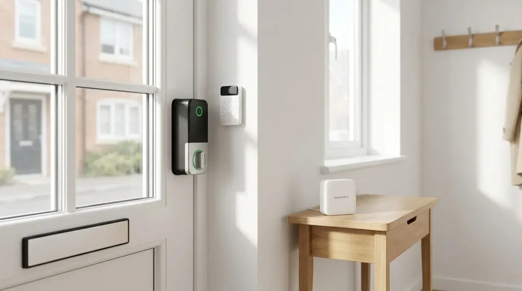 SwitchBot Smart Lock Ultra Review UK — lock mounted on inside of white UPVC door with Keypad Vision and Hub Mini, outside looks normal, no drilling