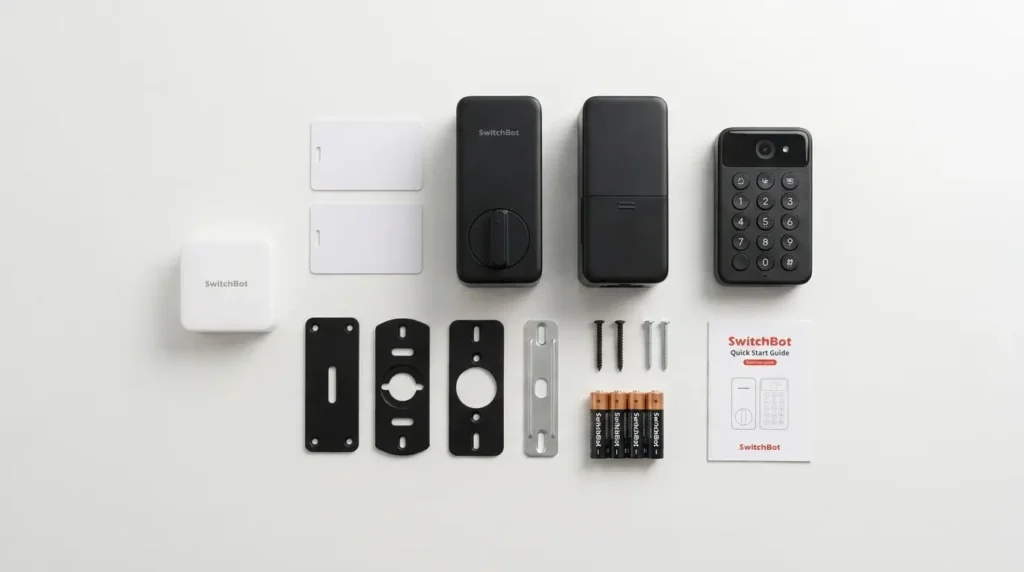 SwitchBot Smart Lock Ultra Review UK — what's in the box: lock, Keypad Vision, Hub Mini, 2 Wallet Finder Cards, batteries, mounting kit, and manual on white table