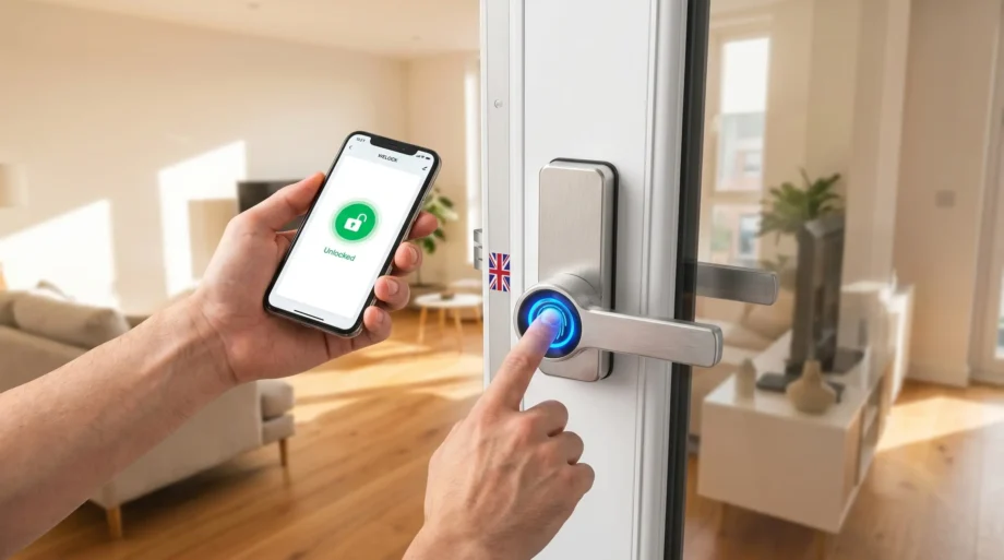 WELOCK Smart Lock Review UK — fingerprint sensor glowing blue on white UPVC door with smartphone app showing unlocked status and Union Jack sticker