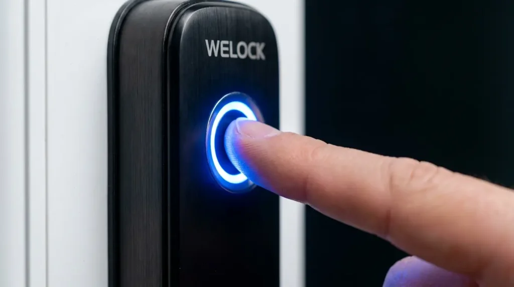 WELOCK Smart Lock Review UK — finger pressing glowing blue fingerprint sensor on white UPVC door, macro close-up shot showing 98% accuracy