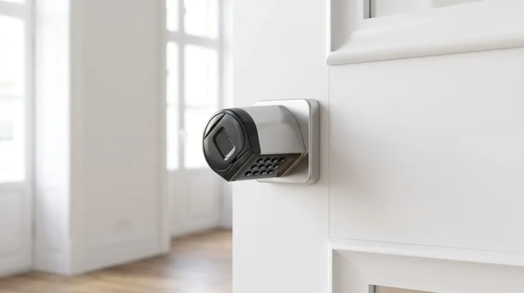 WELOCK Smart Lock Review UK — fingerprint lock fully mounted on clean white UPVC door, no drilling, landlord friendly installation