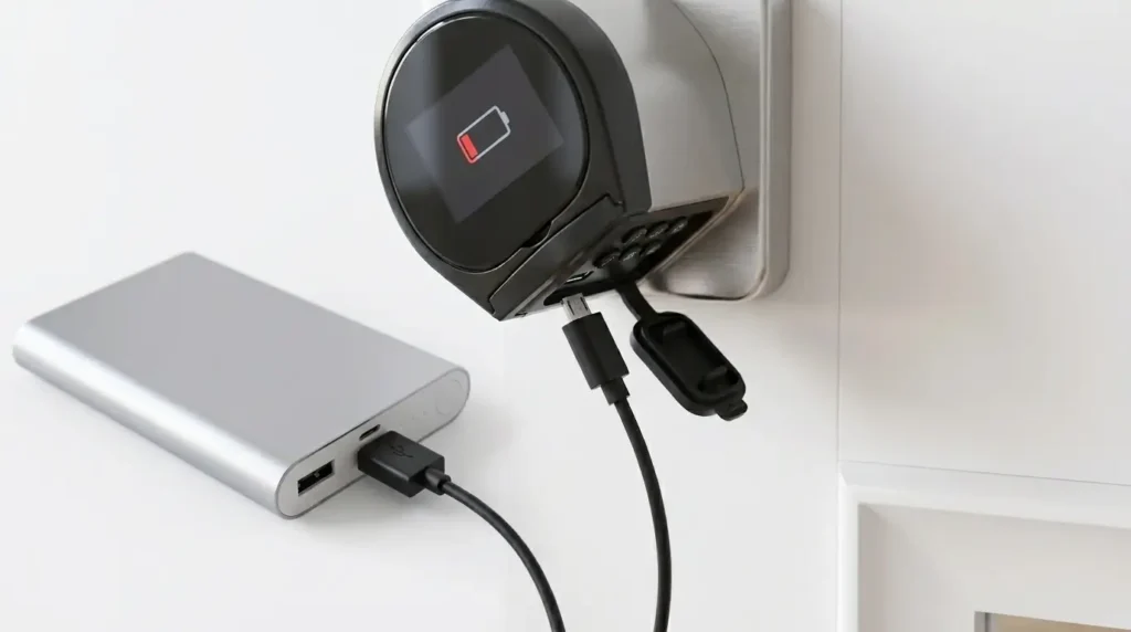 WELOCK Smart Lock Review UK — power bank connected via micro USB to bottom port for emergency backup, rubber cover pulled down, low battery indicator on screen