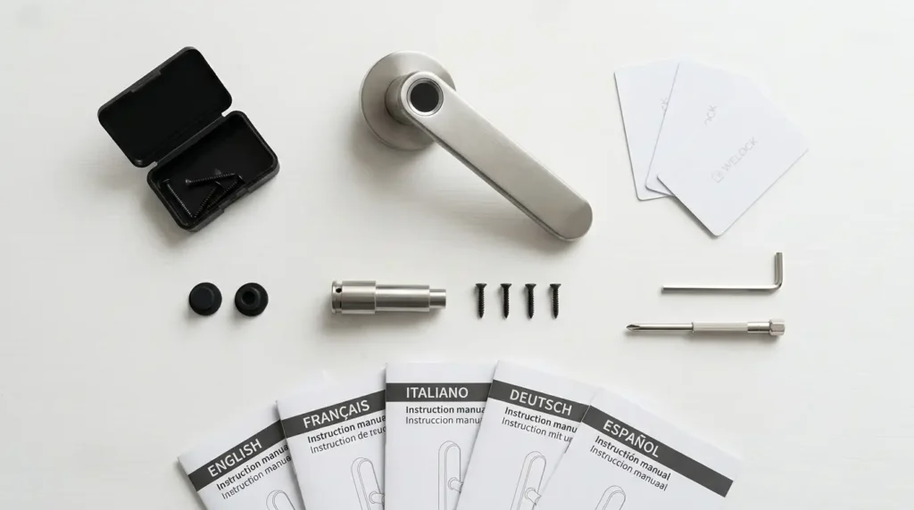 WELOCK Smart Lock Review UK — what's in the box: fingerprint lock handle, 3 RFID cards, Allen key, screwdriver, cylinder extension, screws, silicone plugs, storage box, and instruction manuals