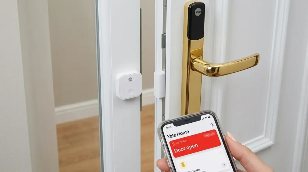 yale-conexis-l2-doorsense-uk Yale Conexis L2 Review UK — DoorSense magnet on UPVC door frame with smartphone app showing door open alert