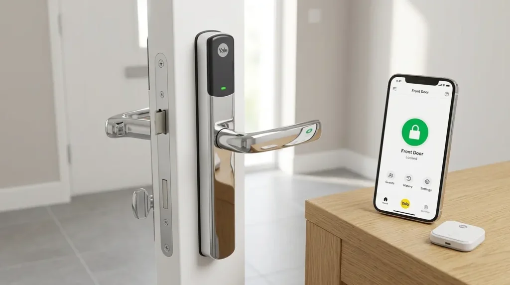 yale-conexis-l2-what-is Yale Conexis L2 Review UK — smart lock mounted on white UPVC door with RFID reader and Yale Home app, no drilling required for UK renters