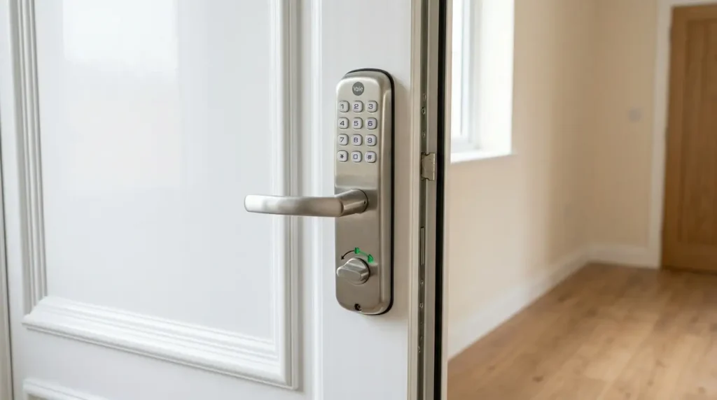 Yale Push Button Lock Review UK — hold open function activated, door slightly open with inside handle turned to hold open position