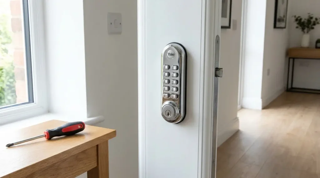Yale Push Button Lock Review UK — lock mounted on white UPVC door with screwdriver nearby, showing successful installation for UK renters