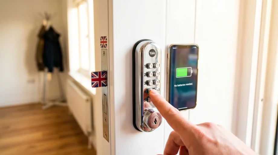Yale Push Button Lock Review UK — chrome finish push button lock on white UPVC door with finger pressing numbered button, smartphone showing "No batteries needed" and Union Jack sticker visible