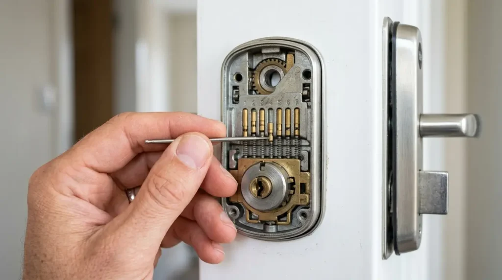 Yale Push Button Lock Review UK — setting or resetting code by pushing down pins inside the back cover of the lock