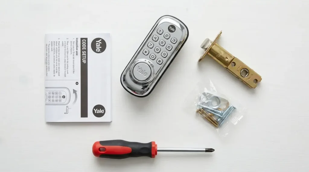 Yale Push Button Lock Review UK — what's in the box: push button lock, tubular mortice latch, screws, instruction manual, and screwdriver on white table